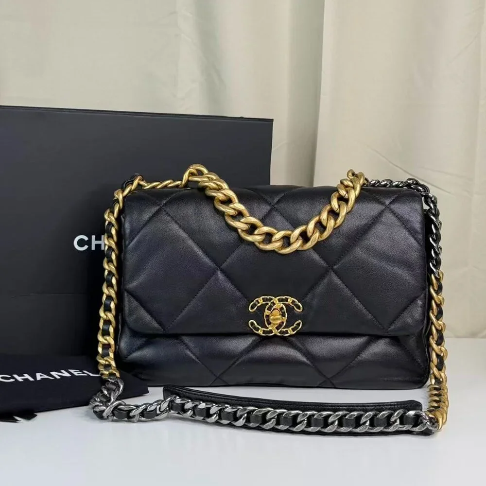 Chanel Black 19 Medium Shoulder Bag with Gold Chain Crossbody Strap